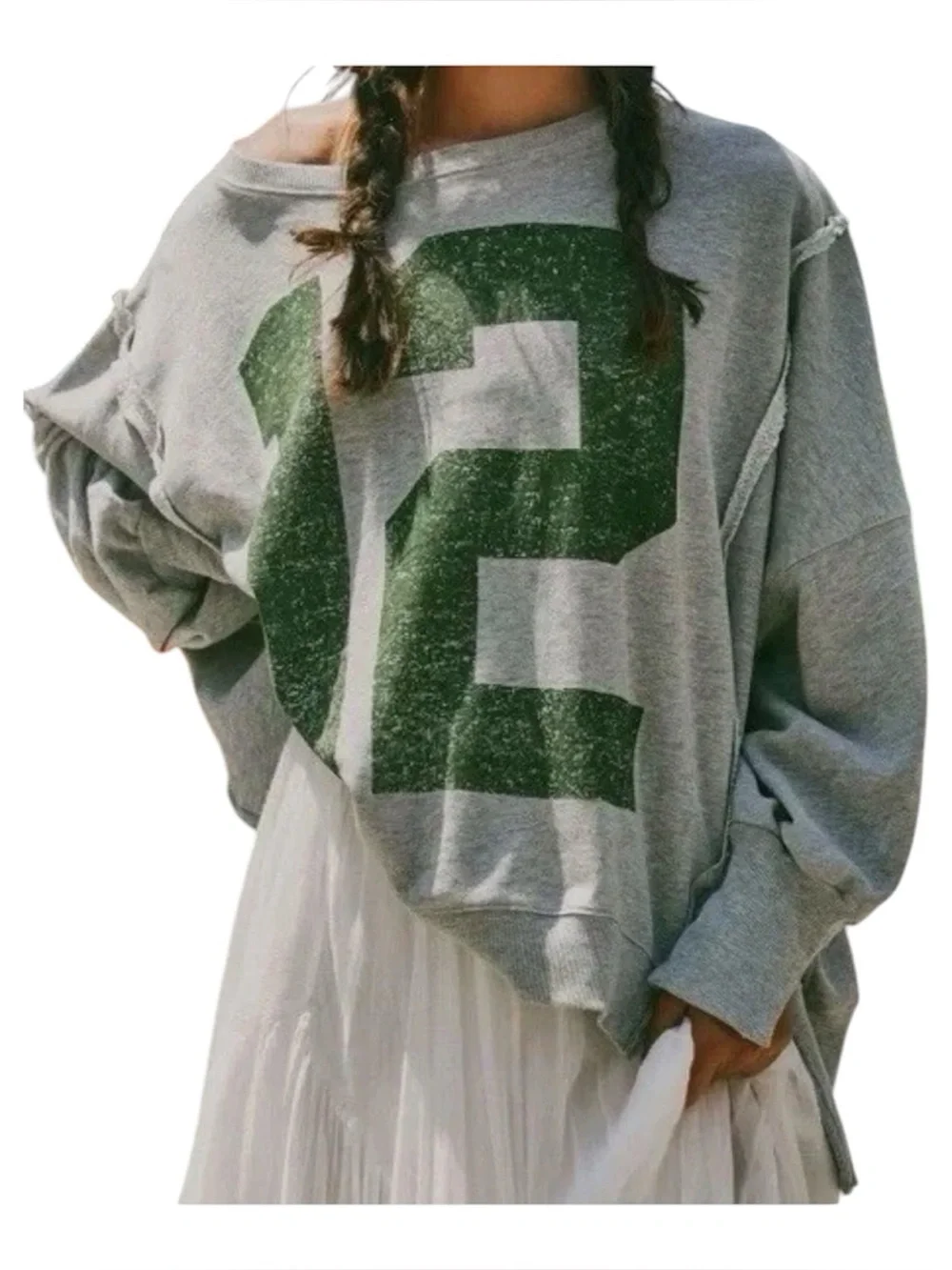 Free People Graphic Camden Pullover Sweatshirt Gray & Green 12 Oversized Size XL